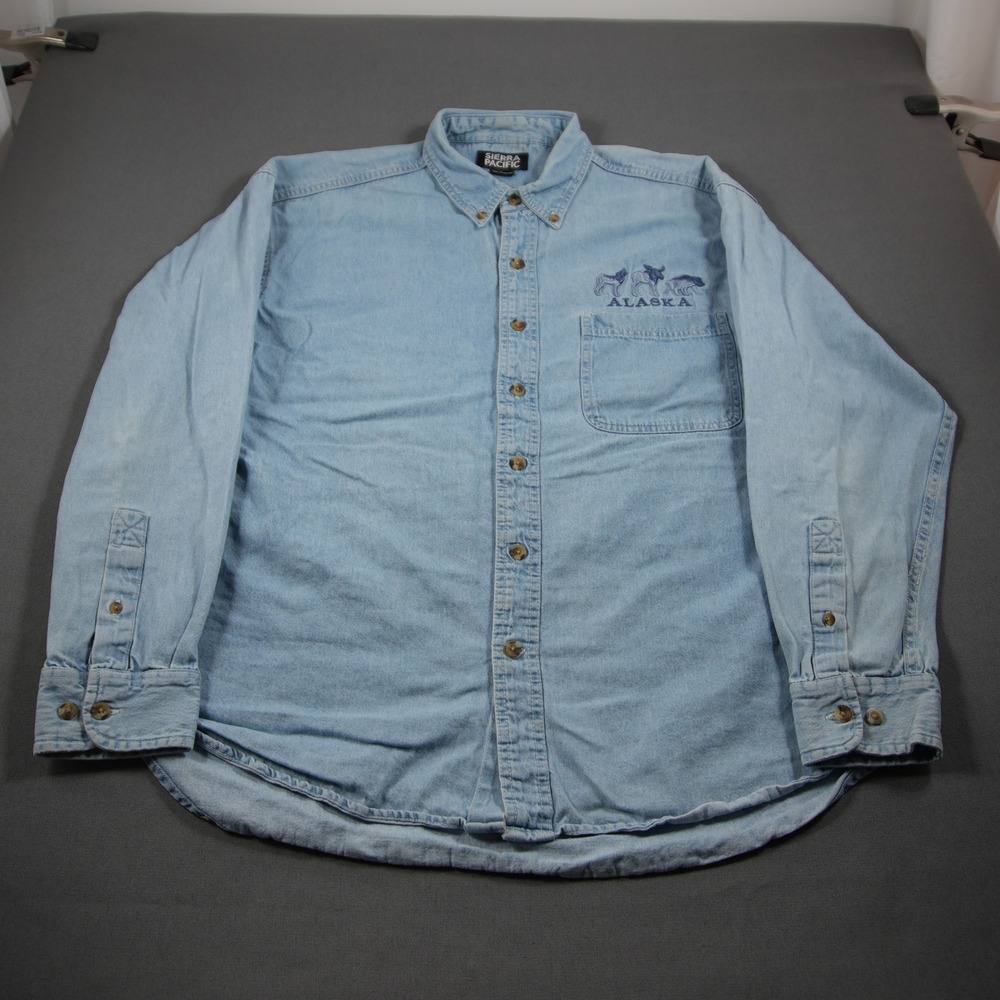 Alaska Wildlife Chambray Denim Embroidered Denim Men L Shirt VTG Cabin Nature - Picture 3 of 15